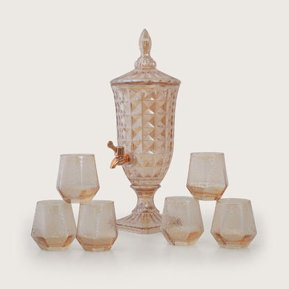 Amber Crystal Glass Beverage Dispenser Set with 6 Glasses (2L)