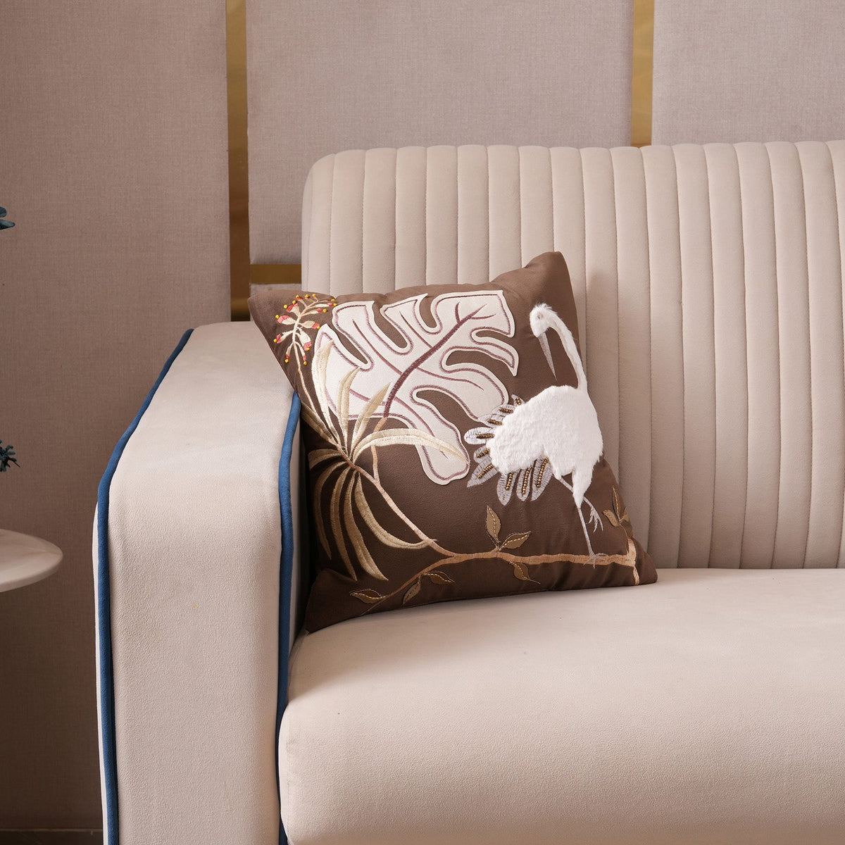 Tropical Crane Embroidered Cushion Cover