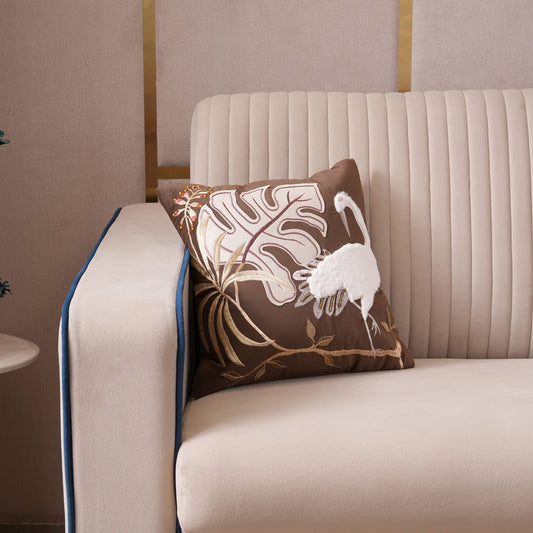 Tropical Crane Embroidered Cushion Cover