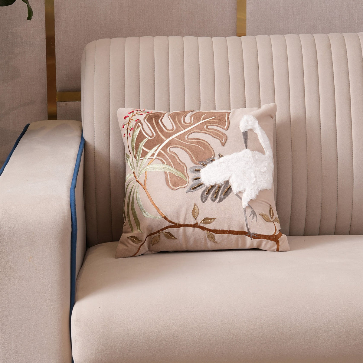 Tropical Crane Embroidered Cushion Cover