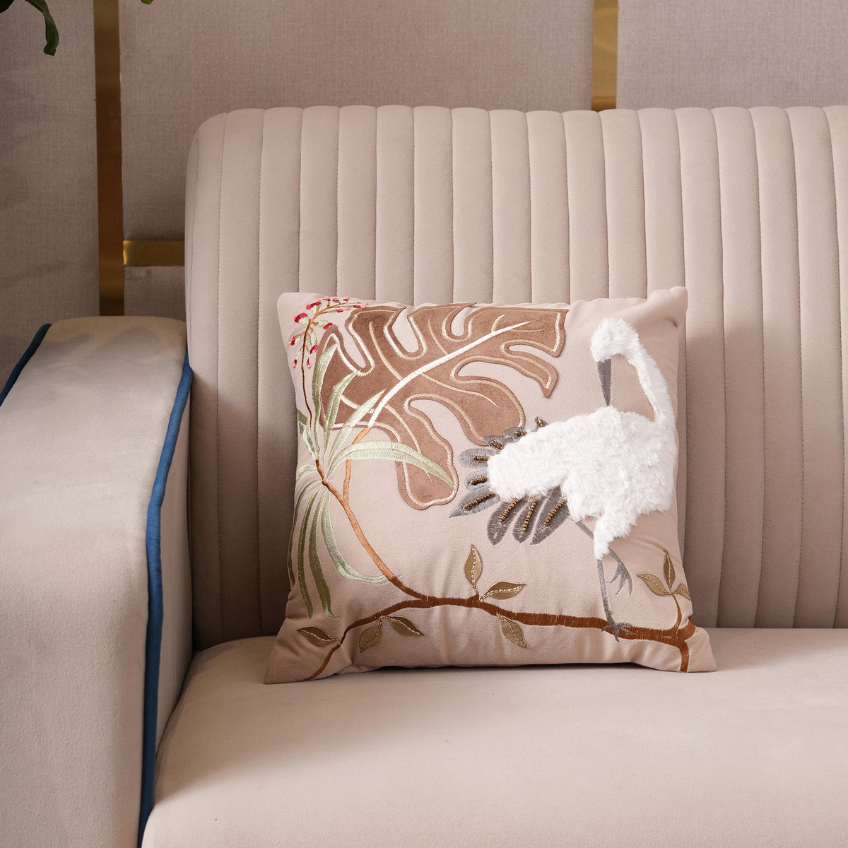 Tropical Crane Embroidered Cushion Cover