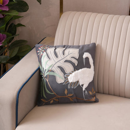 Tropical Crane Embroidered Cushion Cover