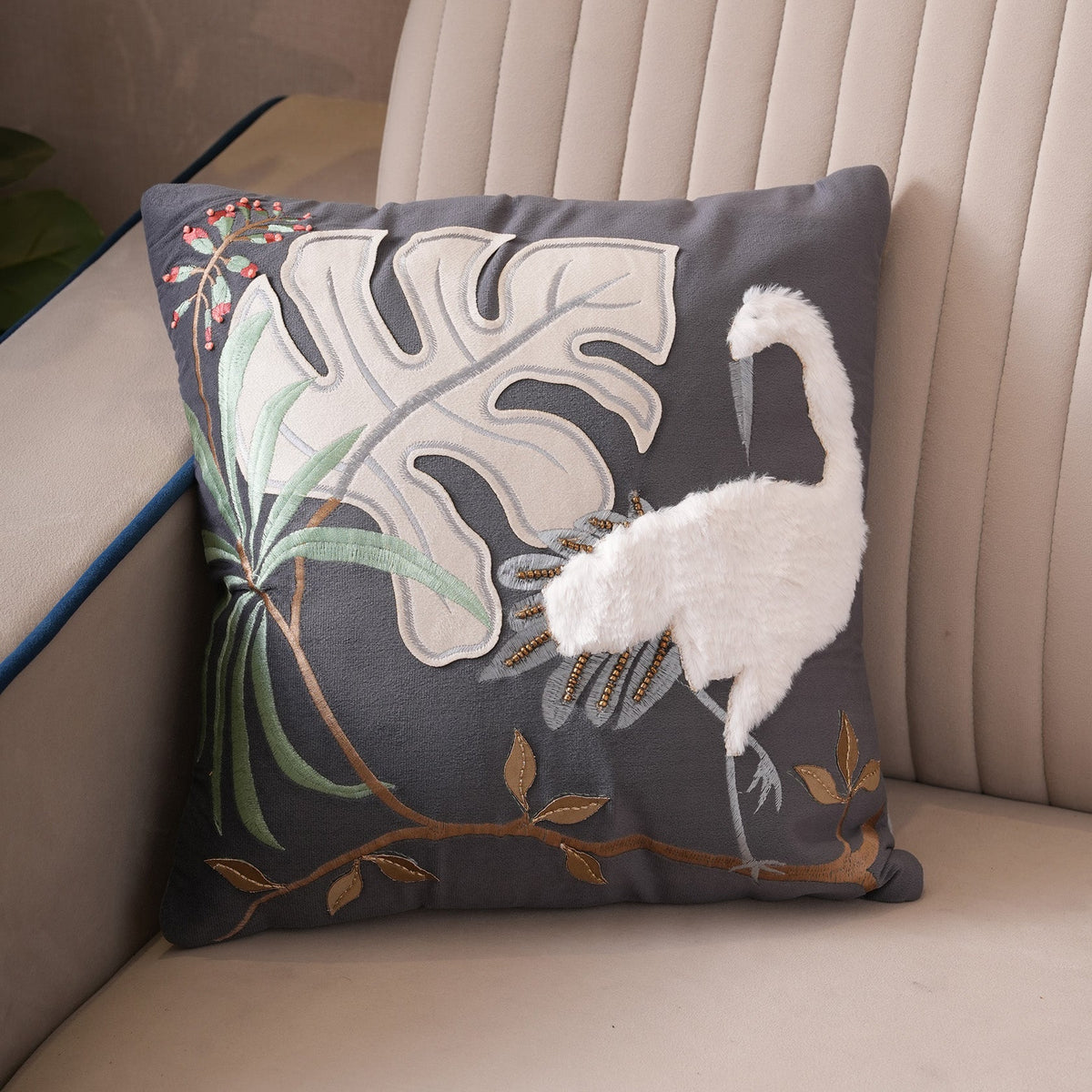 Tropical Crane Embroidered Cushion Cover