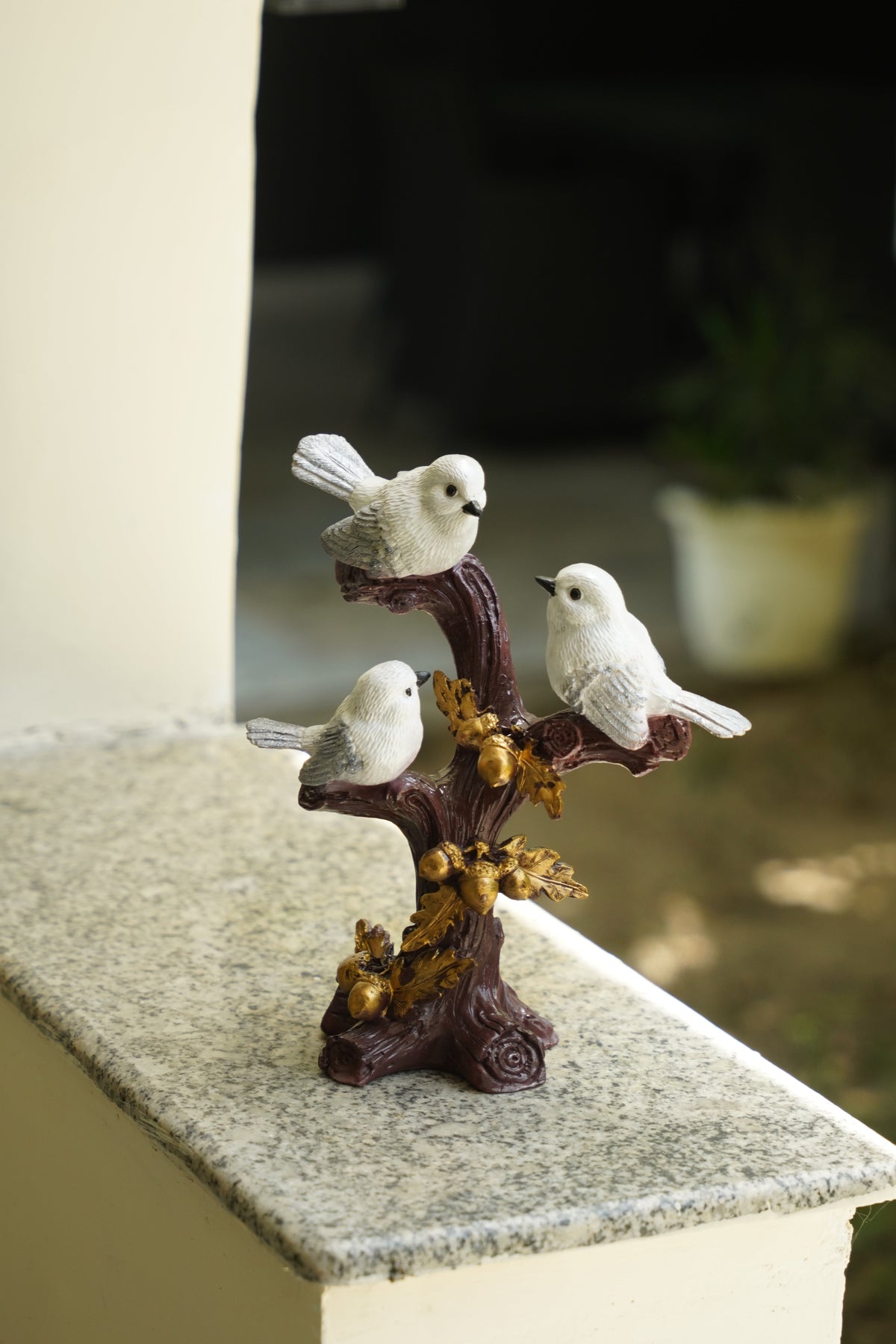 Trio of Rustic Birds on Gilded Branch - White