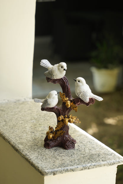 Trio of Rustic Birds on Gilded Branch - White