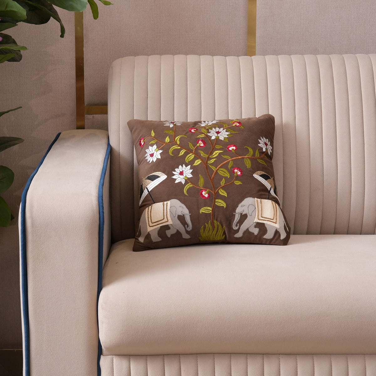 Royal Elephant Embroidered Cushion Cover