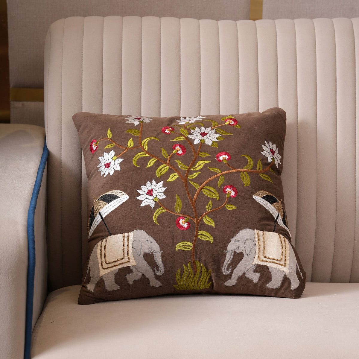 Royal Elephant Embroidered Cushion Cover