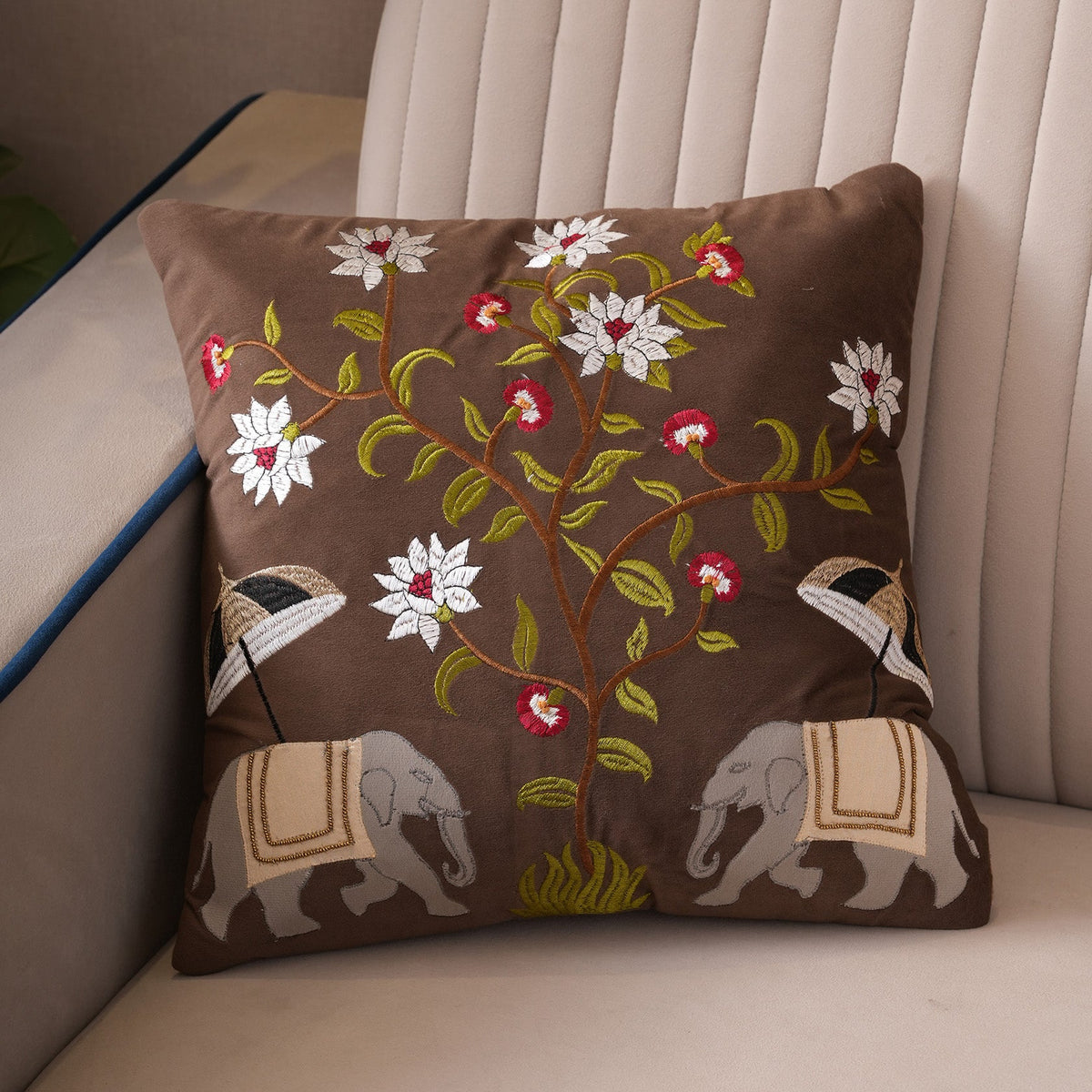 Royal Elephant Embroidered Cushion Cover
