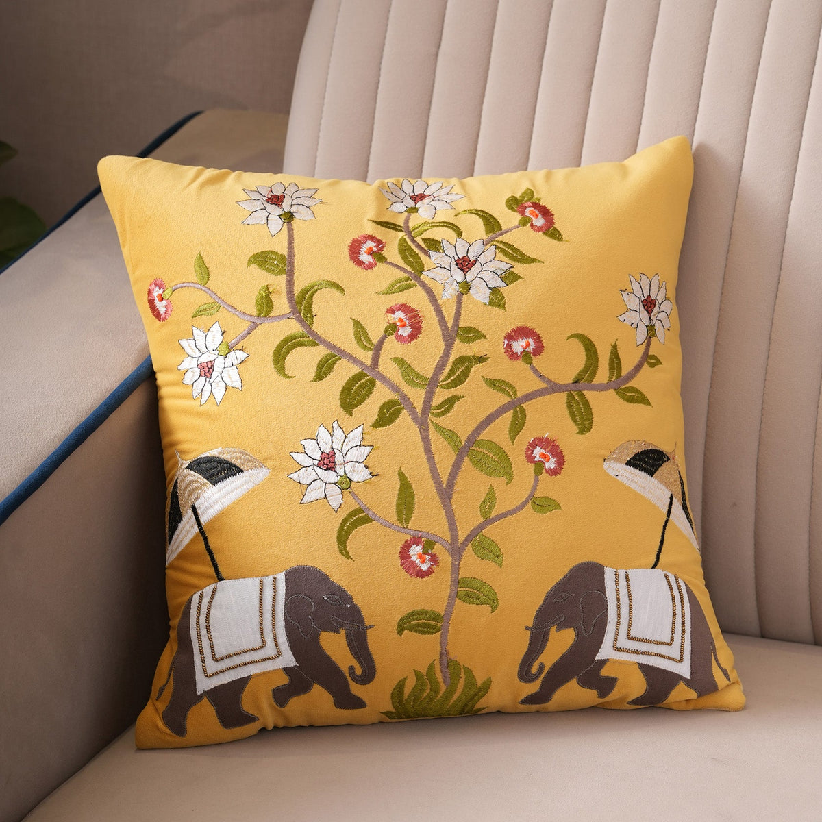 Royal Elephant Embroidered Cushion Cover