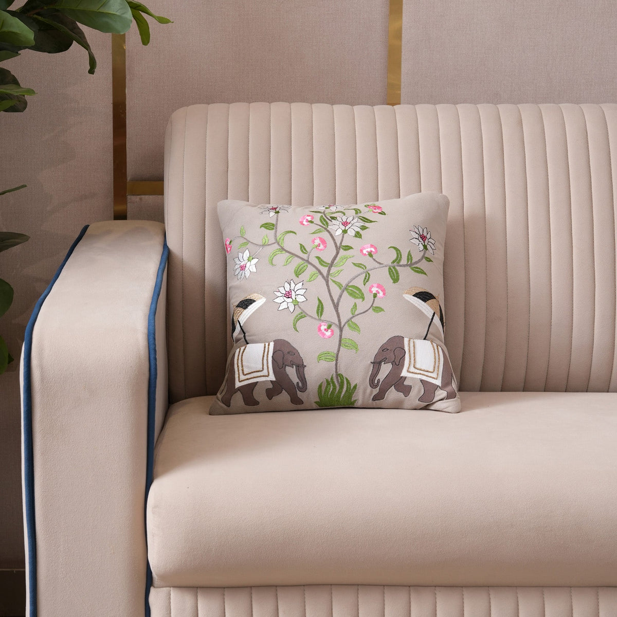 Royal Elephant Embroidered Cushion Cover