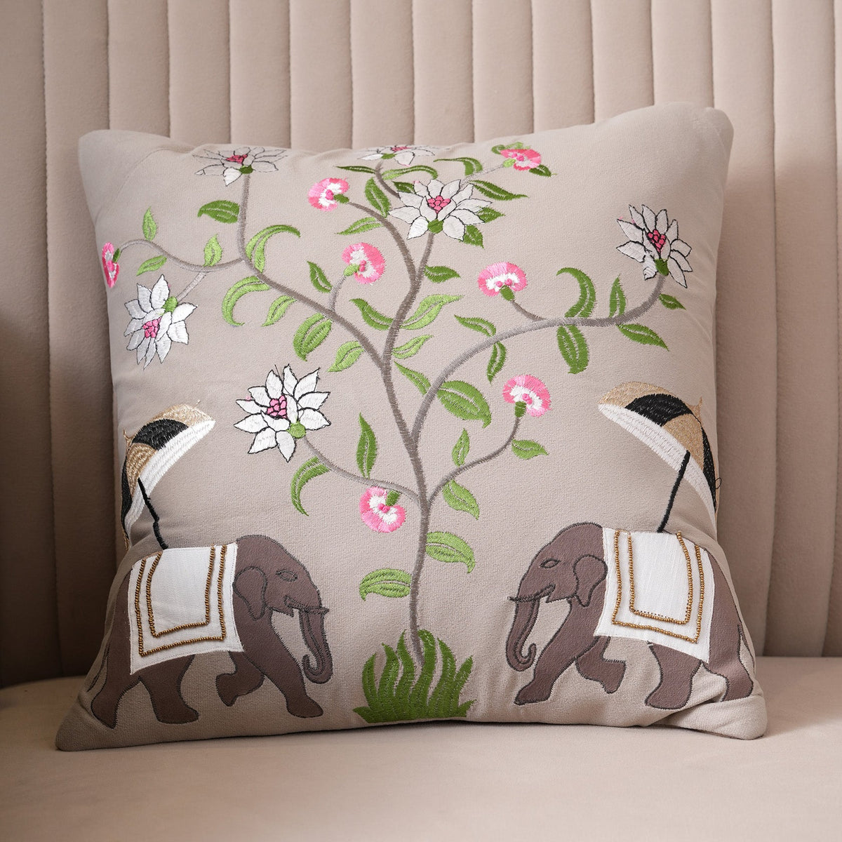 Royal Elephant Embroidered Cushion Cover