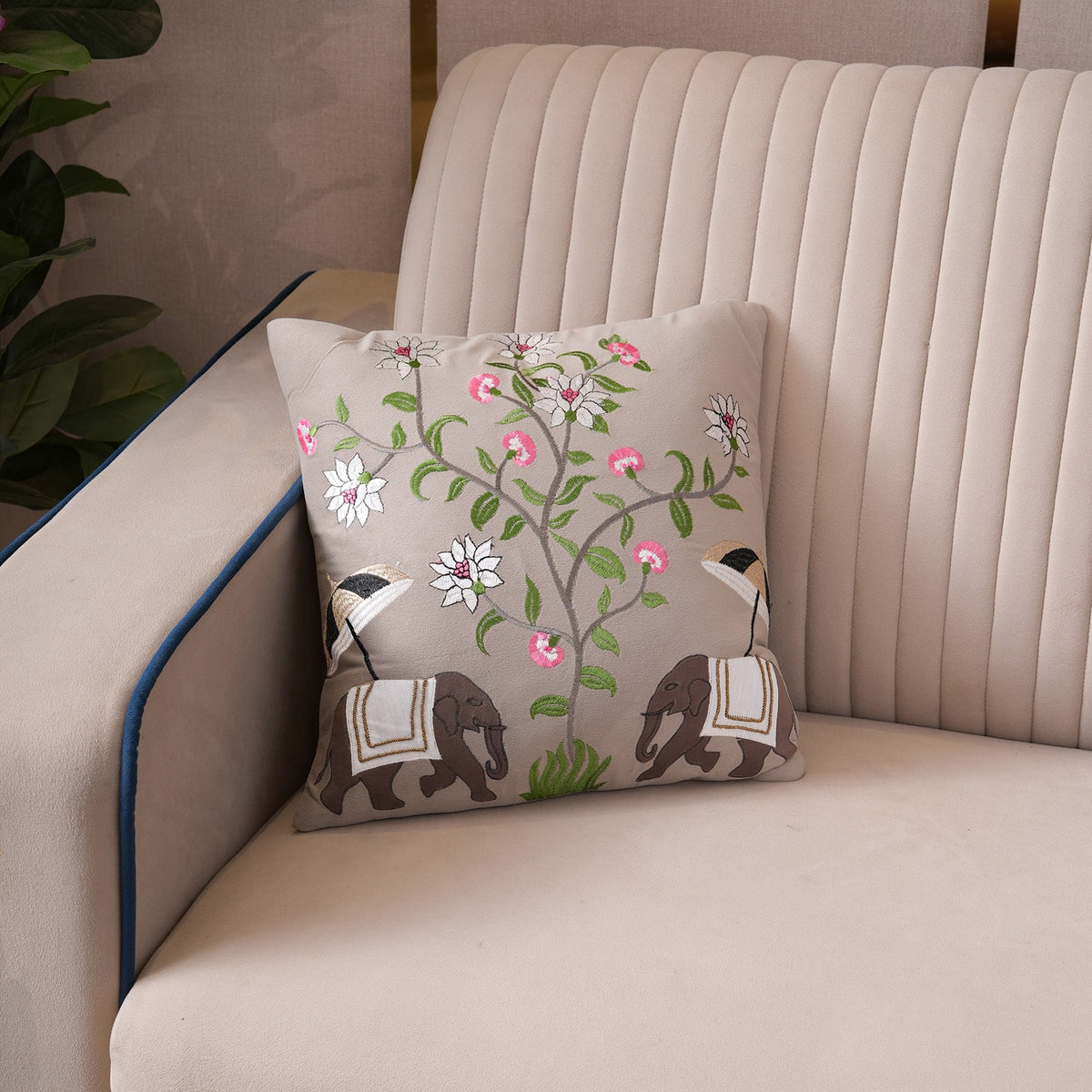 Royal Elephant Embroidered Cushion Cover