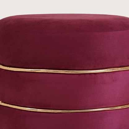 Stylish Velvet Round & Copper Bands Ottomans Footstools | Pouffe | Burgundy