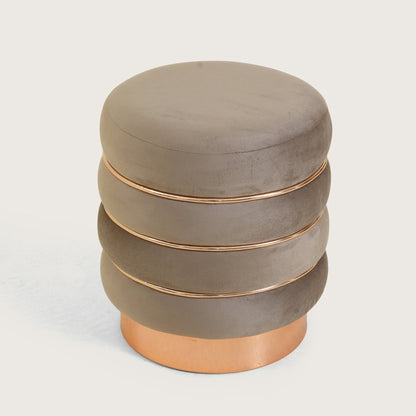 Stylish Velvet Round & Copper Bands Ottomans Footstools | Pouffe | Taupe