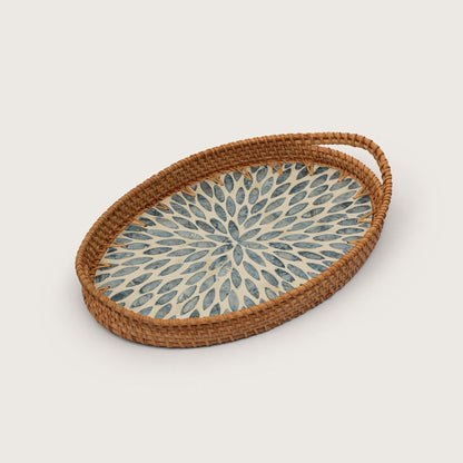 Oval Stone Art Tray with Blue Petal - Medium