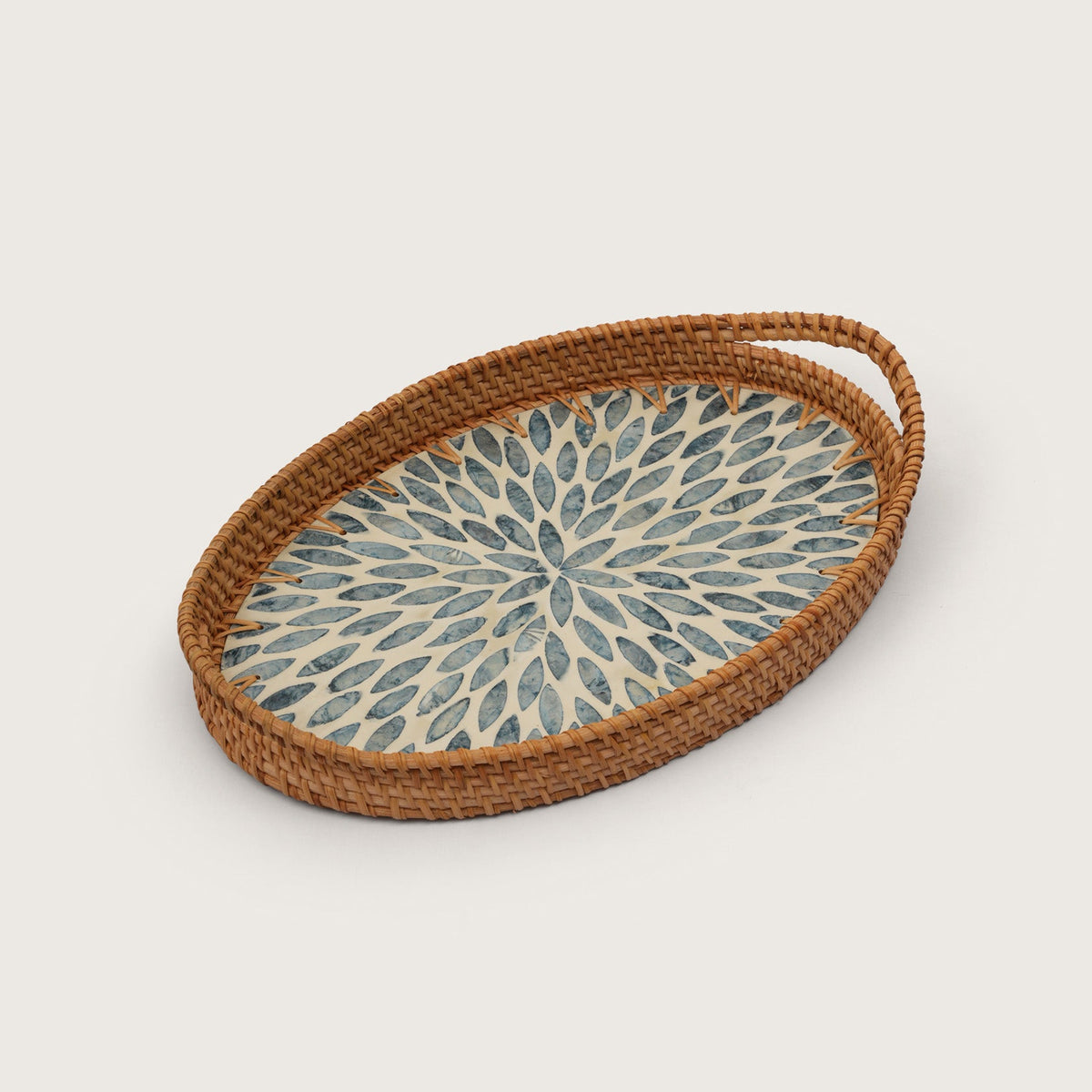 Oval Stone Art Tray with Blue Petal - Large