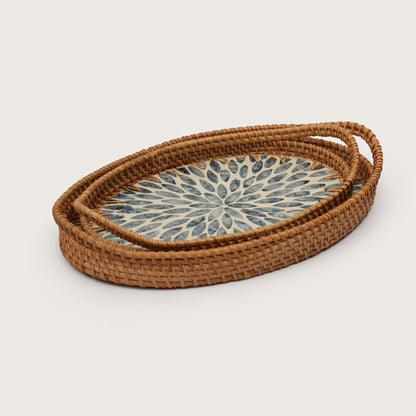 Oval Stone Art Tray with Blue Petal - Medium