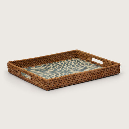 Rectangular Stone Art Tray with Blue Petal - Medium