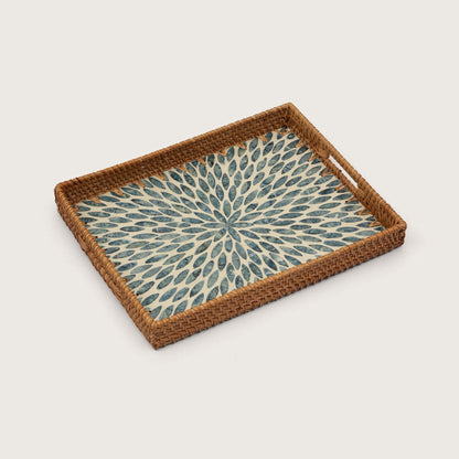 Rectangular Stone Art Tray with Blue Petal - Medium