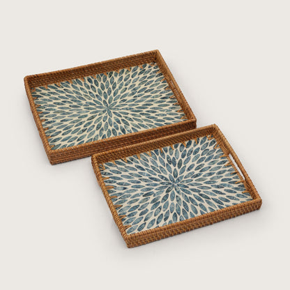 Rectangular Stone Art Tray with Blue Petal - Large