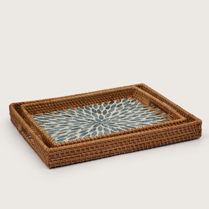 Rectangular Stone Art Tray with Blue Petal - Medium