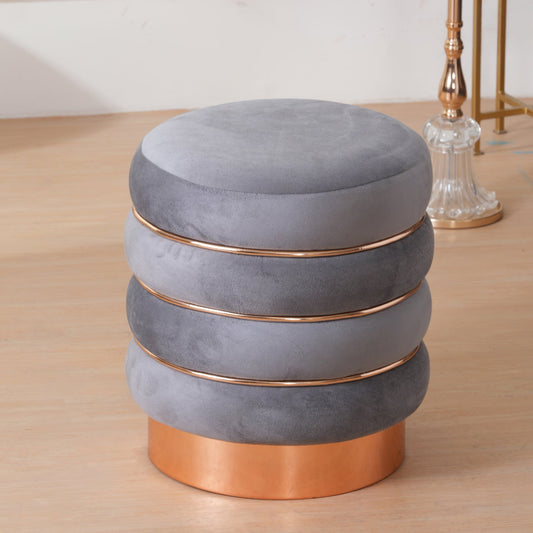 Stylish Velvet Round & Copper Bands Ottomans Footstools | Pouffe | Grey