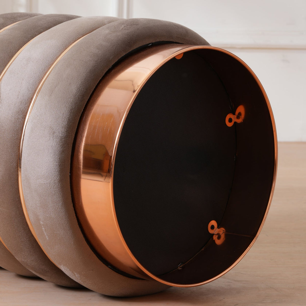 Stylish Velvet Round & Copper Bands Ottomans Footstools | Pouffe | Taupe