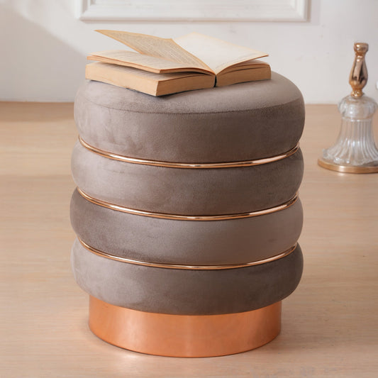 Stylish Velvet Round & Copper Bands Ottomans Footstools | Pouffe | Taupe