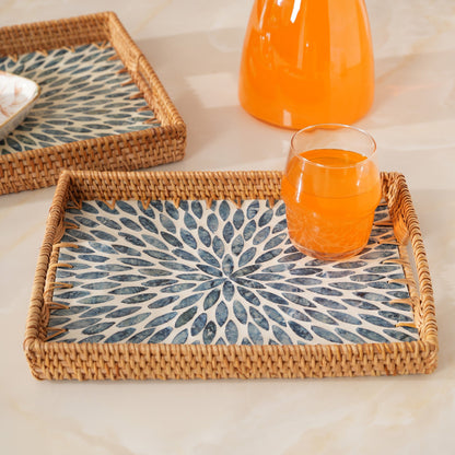 Rectangular Stone Art Tray with Blue Petal - Medium