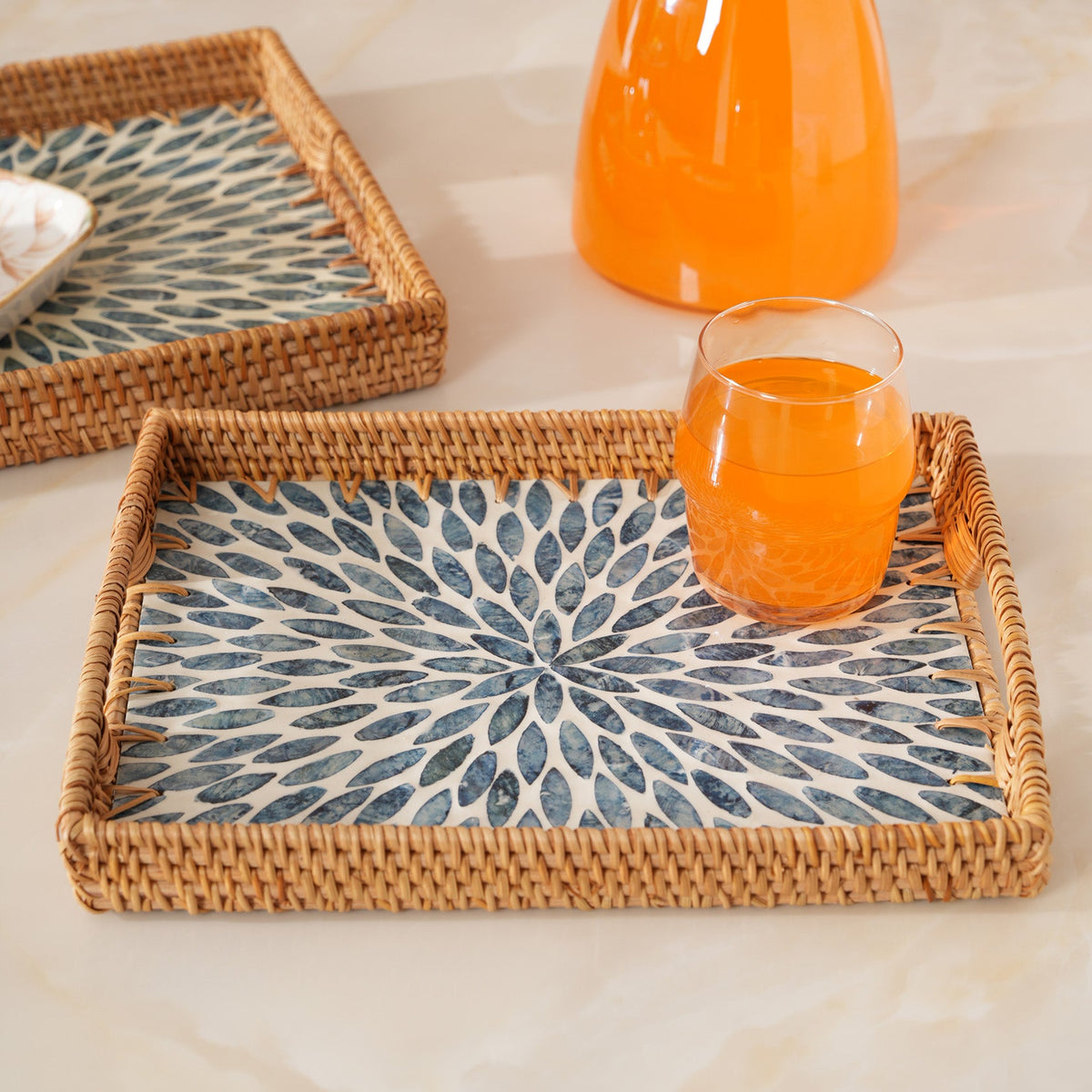Rectangular Stone Art Tray with Blue Petal - Large