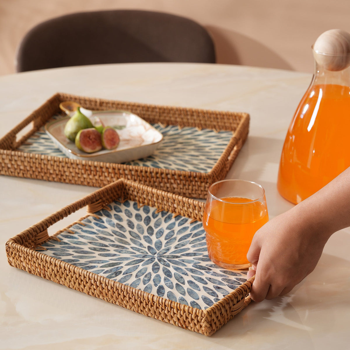 Rectangular Stone Art Tray with Blue Petal - Medium