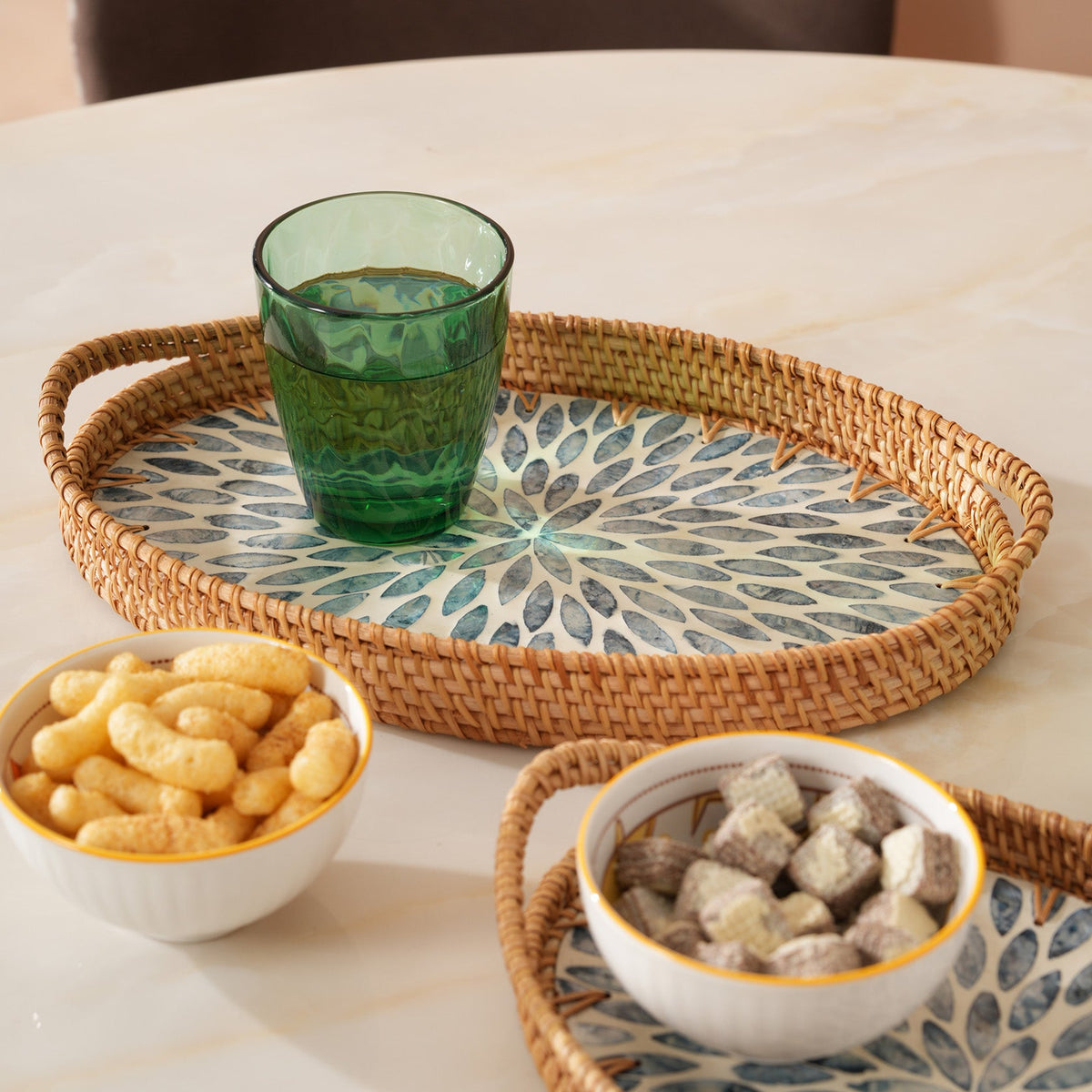 Oval Stone Art Tray with Blue Petal - Large