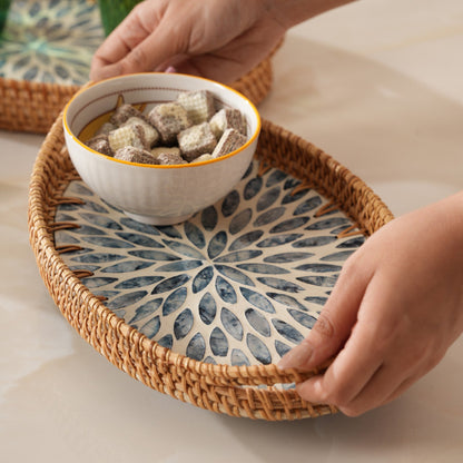 Oval Stone Art Tray with Blue Petal - Medium