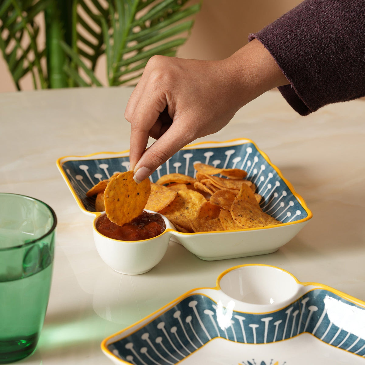 Navy & Yellow Scalloped Edge Snack Platter with Dip Bowl