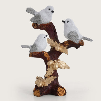 Trio of Rustic Birds on Gilded Branch - White