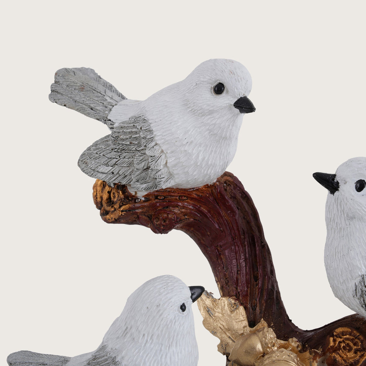 Trio of Rustic Birds on Gilded Branch - White