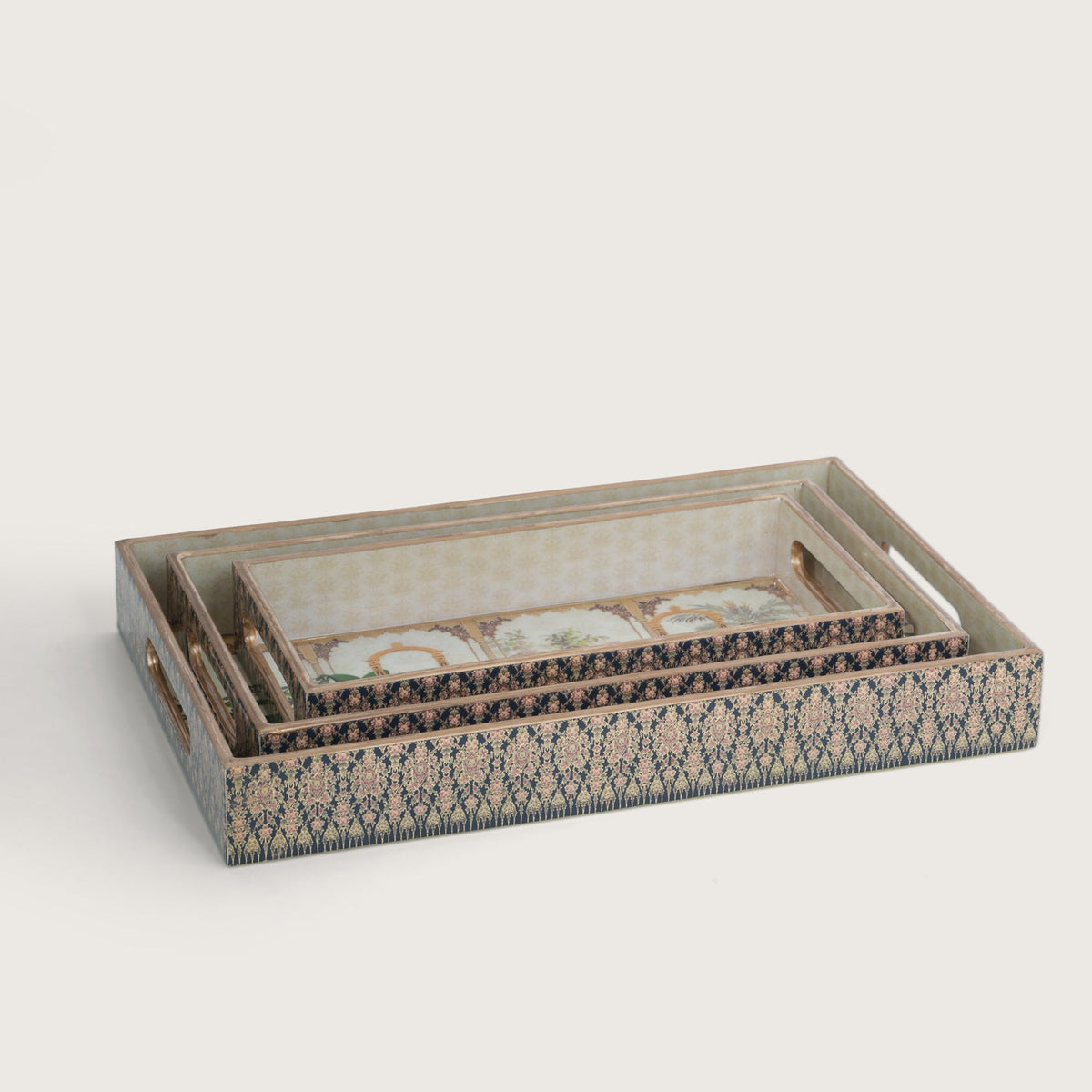 Printed Mor Pankh Tray - Set of 3