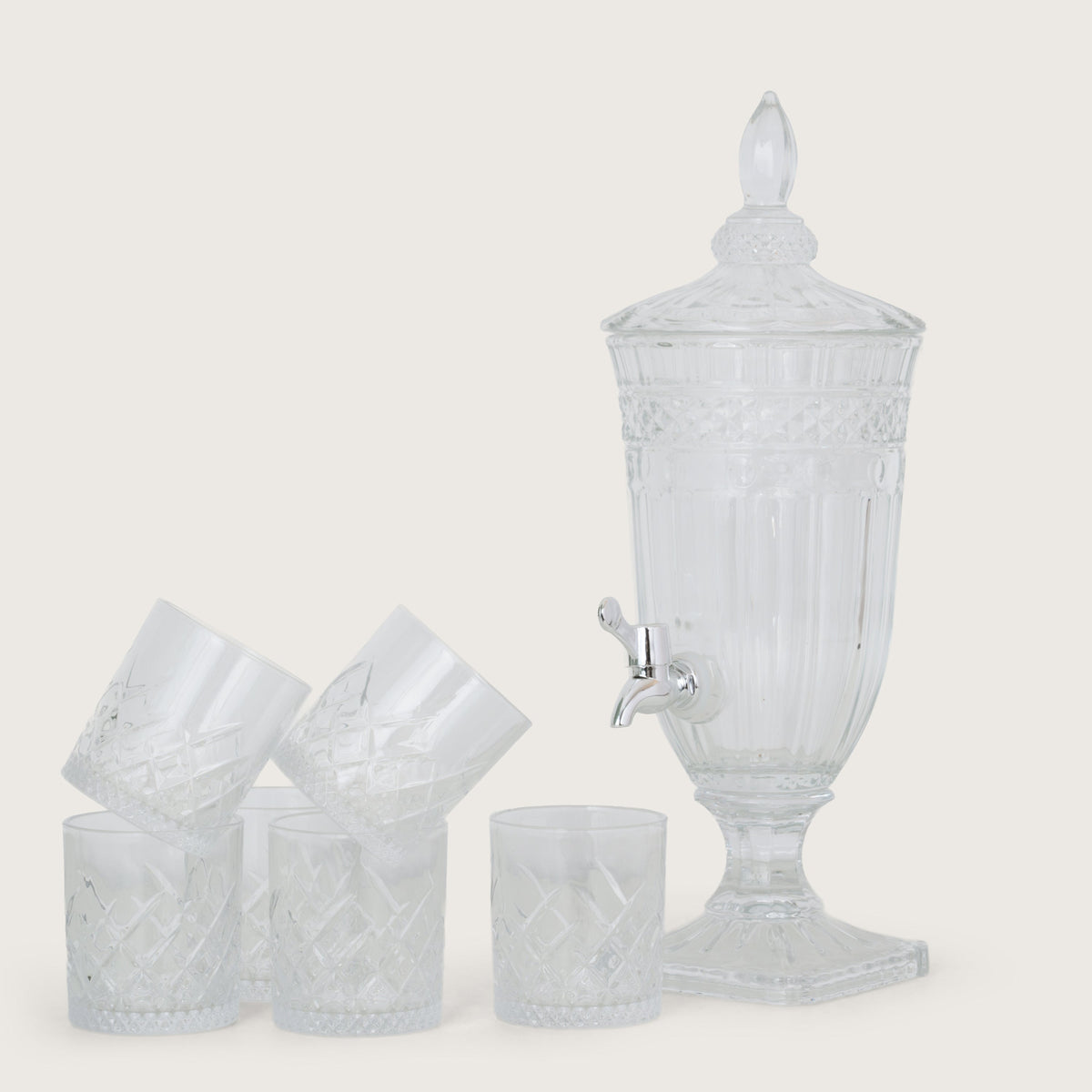 Beverage Glass Dispenser 2000ML with Glass Tumblers 350ML Set of 6 | Ribbed