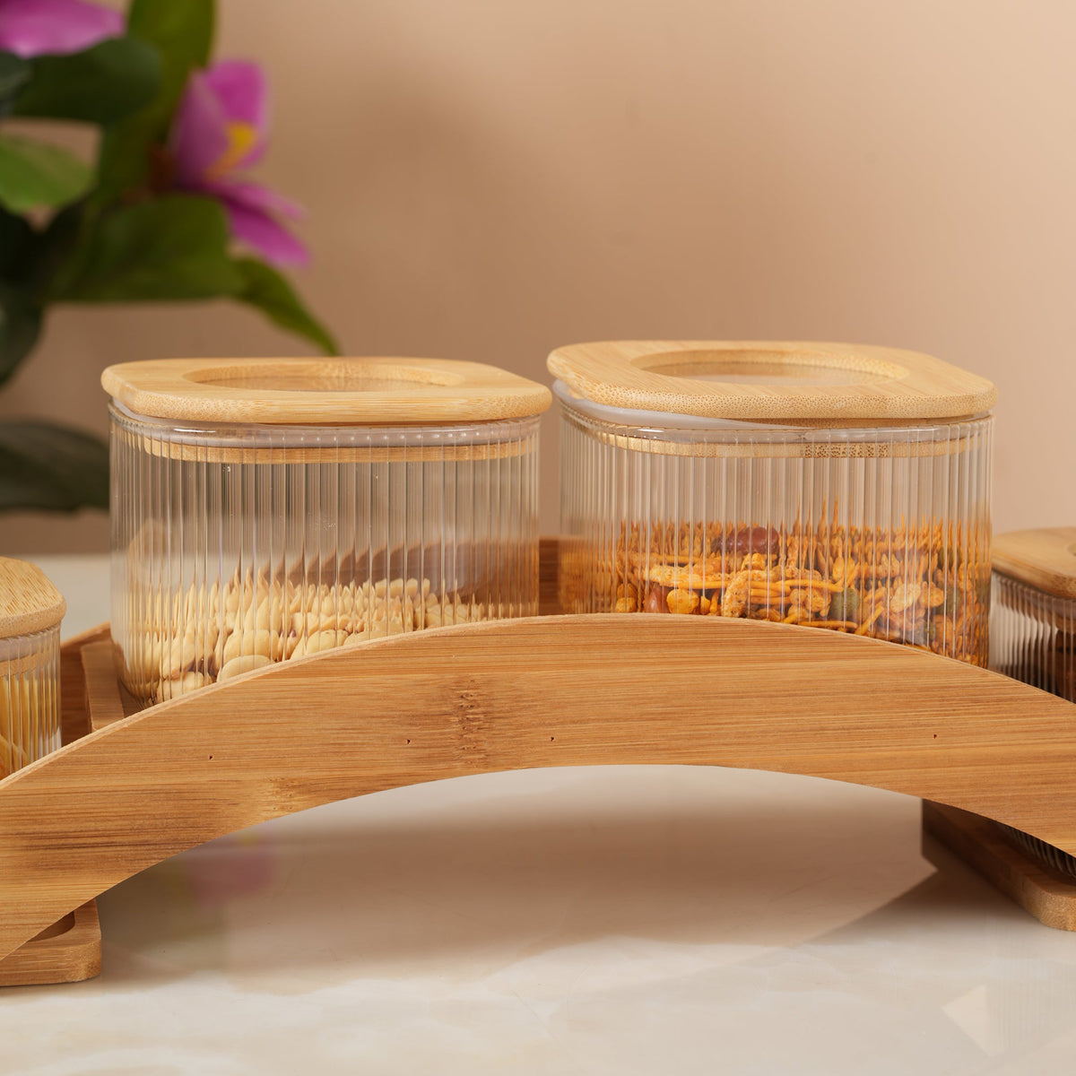 Ribbed Jars With Bridge Arc Stand - Set of 5