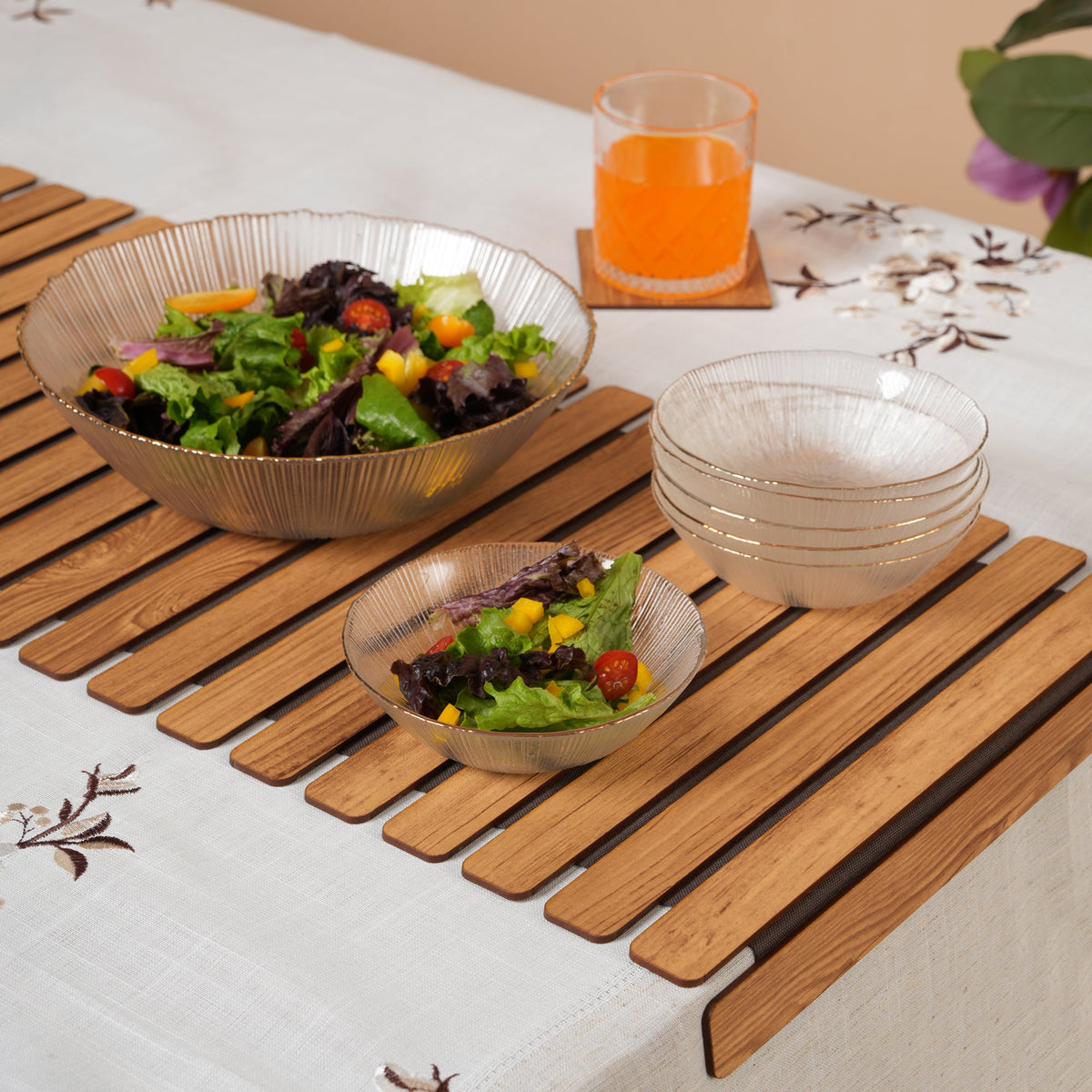 Scalloped Glass Serving Bowl + 6 Dal Bowls Set