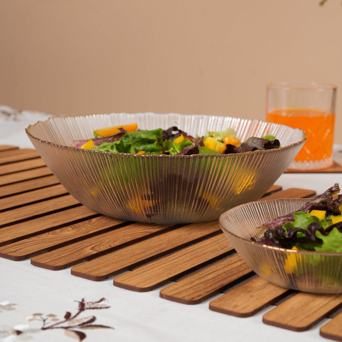 Scalloped Glass Serving Bowl + 6 Dal Bowls Set