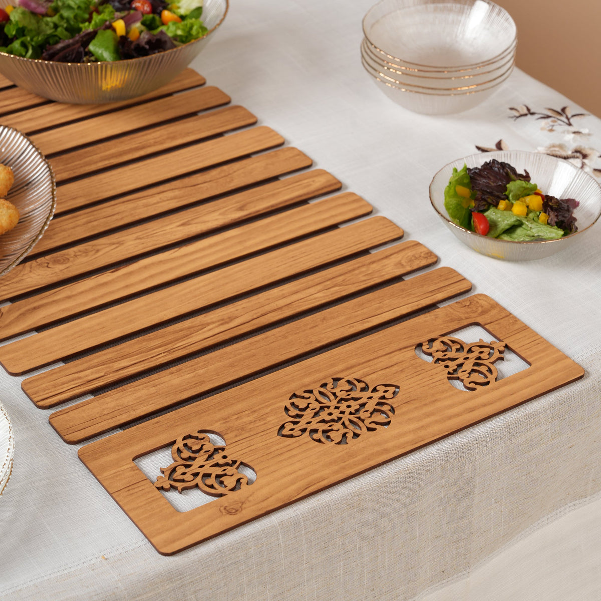 Slat Table Runner with Laser-Cut Medallions 14X 72 Inches