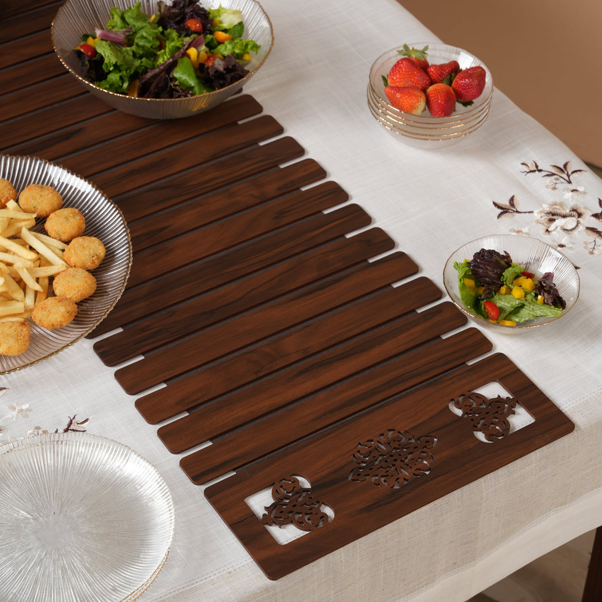 Slat Table Runner with Laser-Cut Medallions 14X 72 Inches