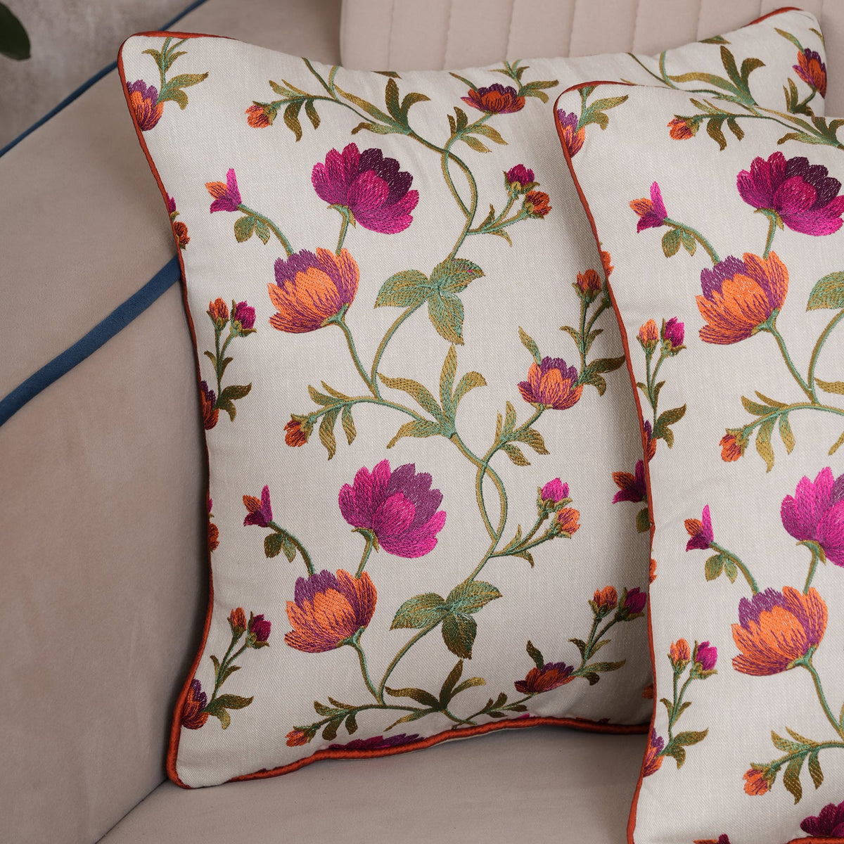 Embroidered Floral Vine Cushion Cover