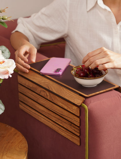 Oak-Tone Flexible Sofa Armrest Tray
